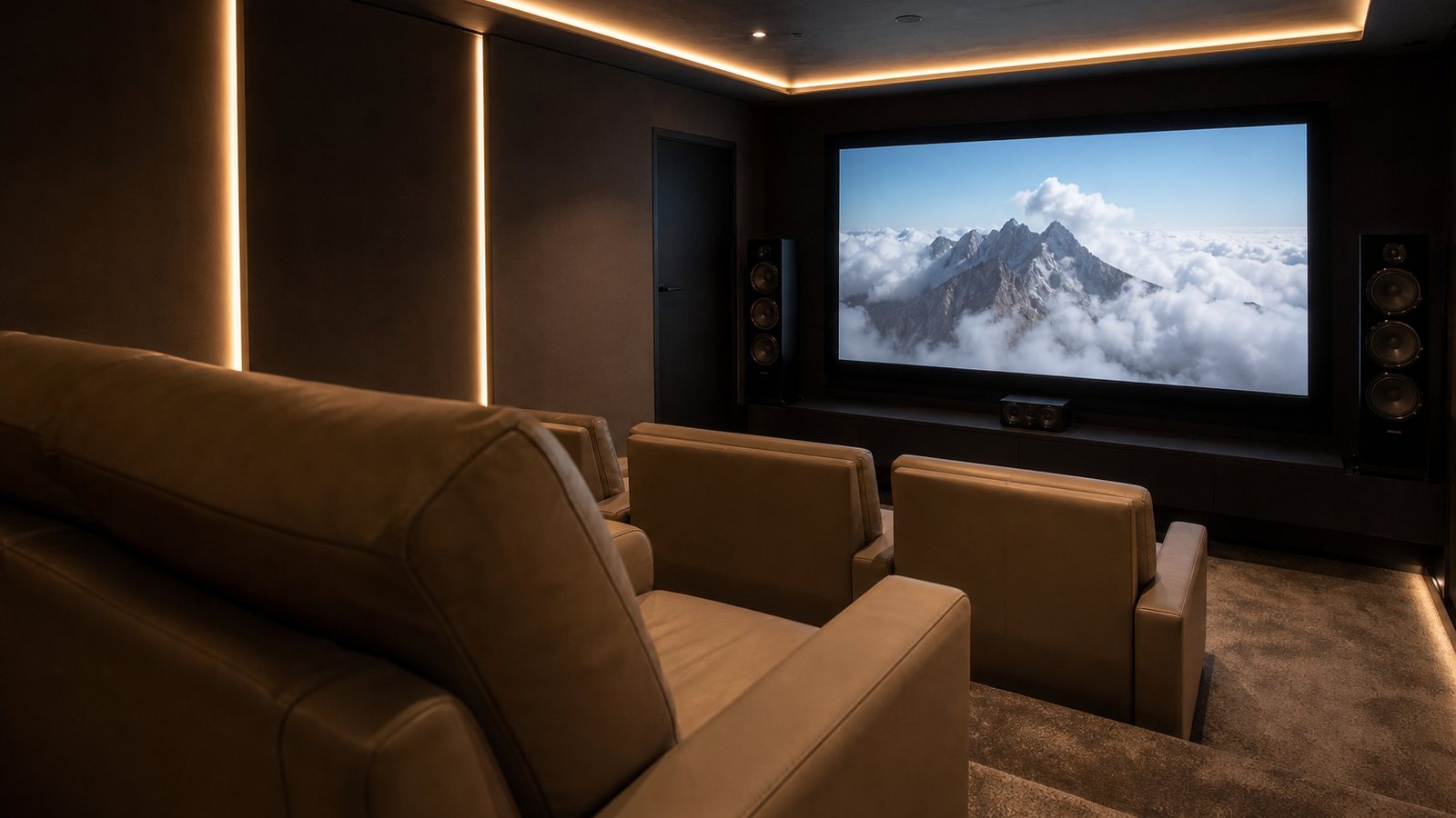Salle de home cinéma privée haut de gamme aux fauteuils de cuir face à un grand écran
