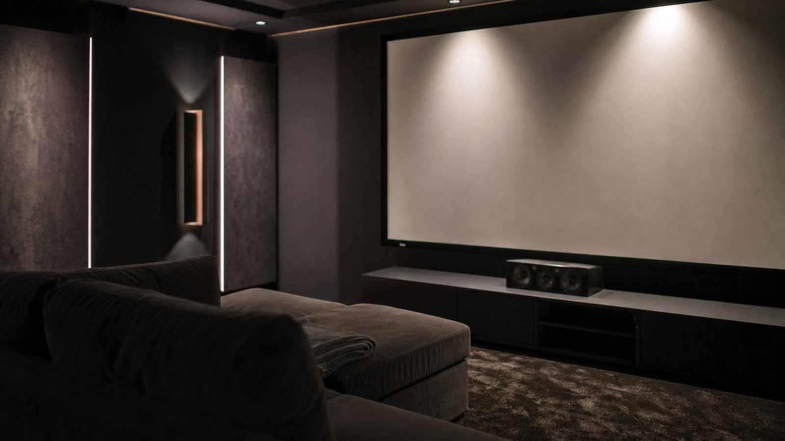 Salle de home cinéma privée dessinée sur mesure, écran, fauteuils et acoustique intégrés à la pièce