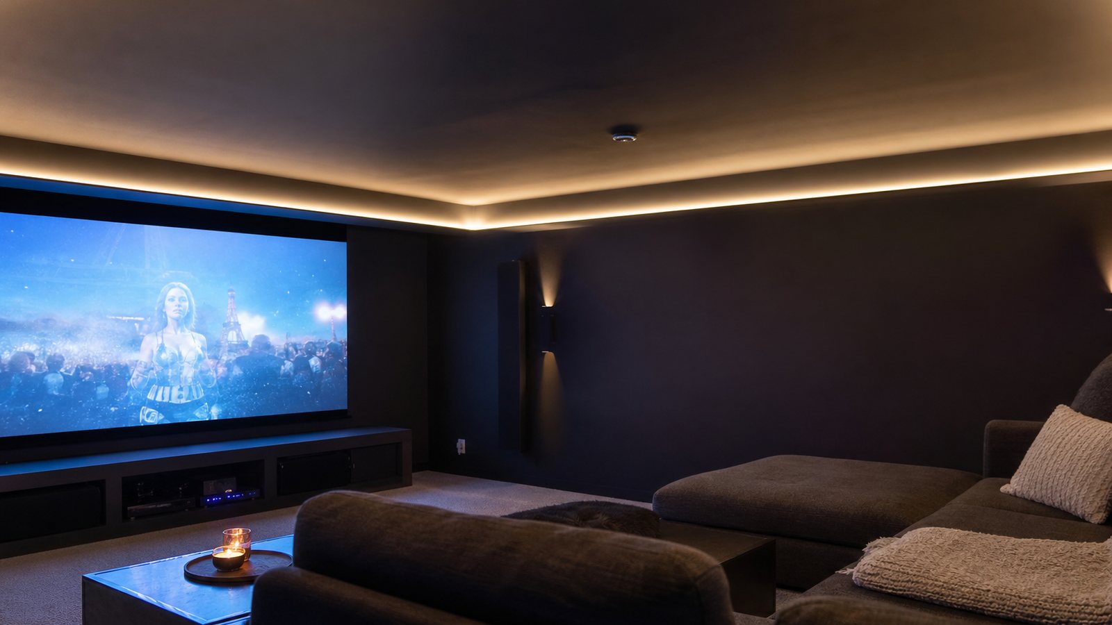 Gorges lumineuses indirectes et balisage des marches dans une salle de home cinéma privée