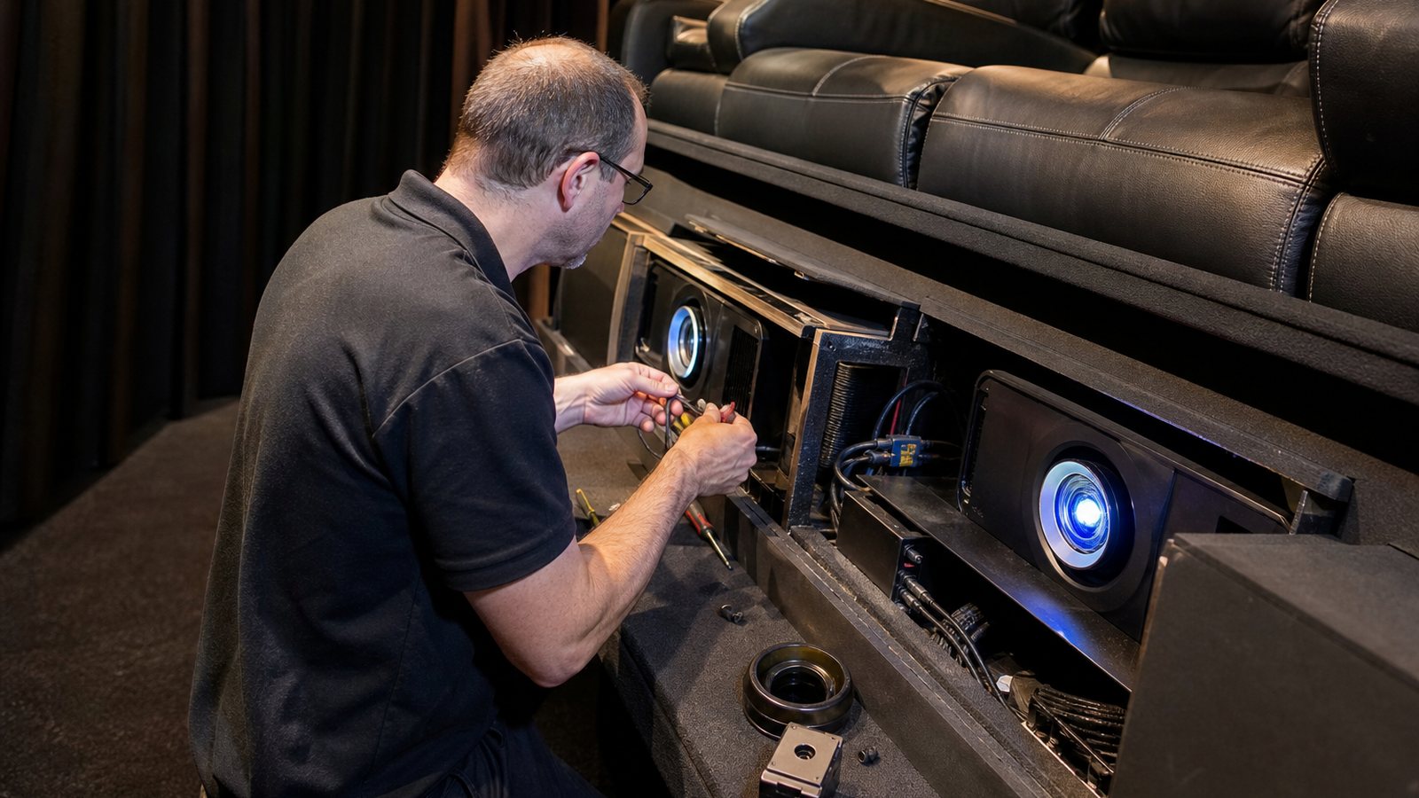 Technicien vérifiant le calibrage et l'entretien d'une salle de home cinéma privée